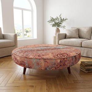Rustic Round Ottoman Table | Terracotta Teal Abstract Floor Seat