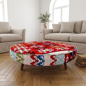 Crimson Aztec Coffee Table | Tradional Round Patterned Floor Ottoman Rest