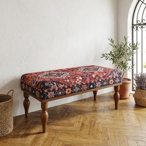 Anatolian Kilim Pattern Upholstered Bench | Traditional Wooden Living Seat
