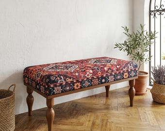 Anatolian Kilim Pattern Upholstered Bench | Traditional Wooden Living Seat