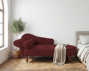Sofá cama reclinable de terciopelo rojo vino / Elegante sofá cama tipo chaise longue