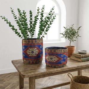 Op de afbeelding: Twee cilindrische plantenpotten met een blauw, rood en crèmekleurig patroon staan op een houten tafel. Eén pot is groter en bevat groene, bladrijke takken. Een kleinere pot staat ernaast. Op de achtergrond staat een kleine olijfboom in een terracotta pot.