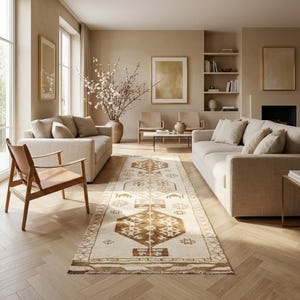 May include: A neutral-toned living room with two sofas, a patterned rug, and a wooden chair. The rug features a geometric design in brown and cream. The room is decorated with framed artwork and a large vase of flowers.