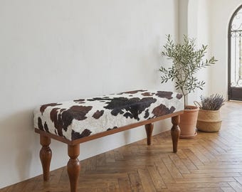 Handmade Bench, Wood Work Bench, Ottoman Bench, Printed Cow Pattern Bench, Fireplace Bench , Sitting Bench, Coffee Bench, Piano Bench