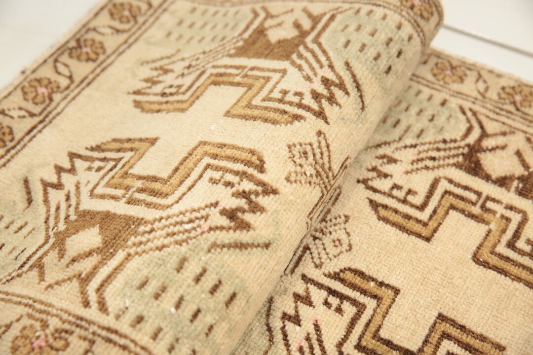 Turkish Oushak Rug, Bath Mat Runner, Organic Wool Rug, Small Rug