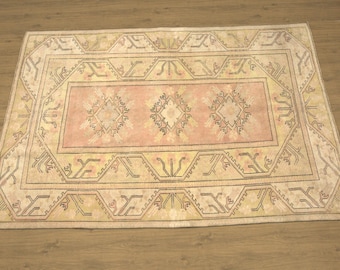 muted area rug, pink blue rug, oriental wool rug, distressed rug, pale rug, lounge rug, 6.4 x 9.5 ft, vintage turkish rug, cool rug, DC 7303