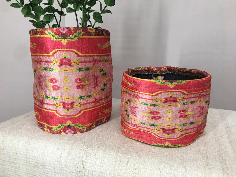 Hot Pink Floral Border Fabric Pot | Boho Desk Organizer Basket image 6