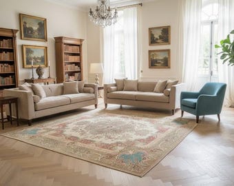 Turks handgemaakt tapijt, tapijt bruiloftsgast, figuratief tapijt, oranjeblauw tapijt, tapijt met randen, vintage tapijt, 10 x 12,6 ft, oversized tapijt, DC 7421