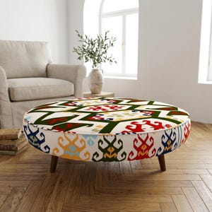 Aztec Coffee Table | Unique Multi Color Round Tribal Floor Pouf