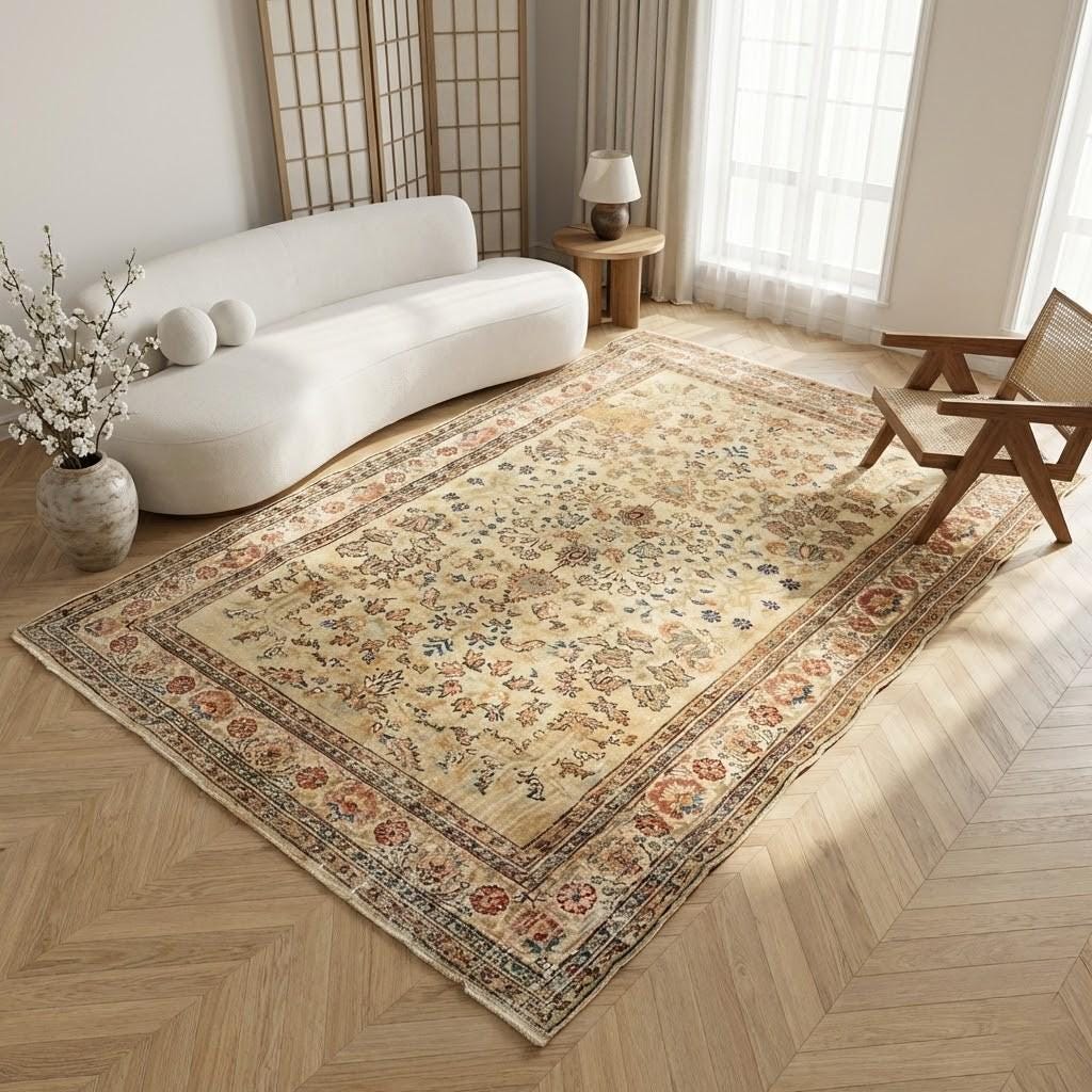 Ivory Champagne Rug, Handwoven Wool, Vintage Floral Area Carpet, 5 X 8. ...