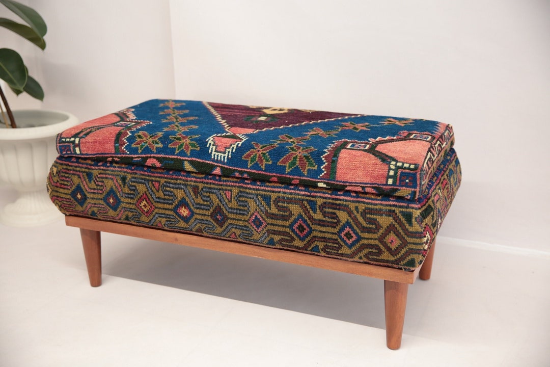 Ottoman Storage, Vintage Rug Bench, Shoe Bench, Mudroom Organizer, Coffee Bench, Footstool Bench