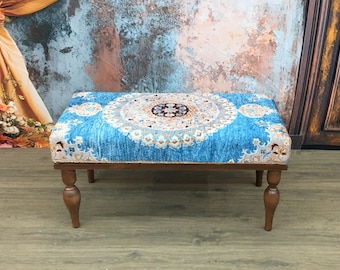 Upholstered bench, End of bed bench, Piano bench, Blue ottoman bench, Foyer bench, Comfy bench, Tall bench, Handmade bench, Retro bench