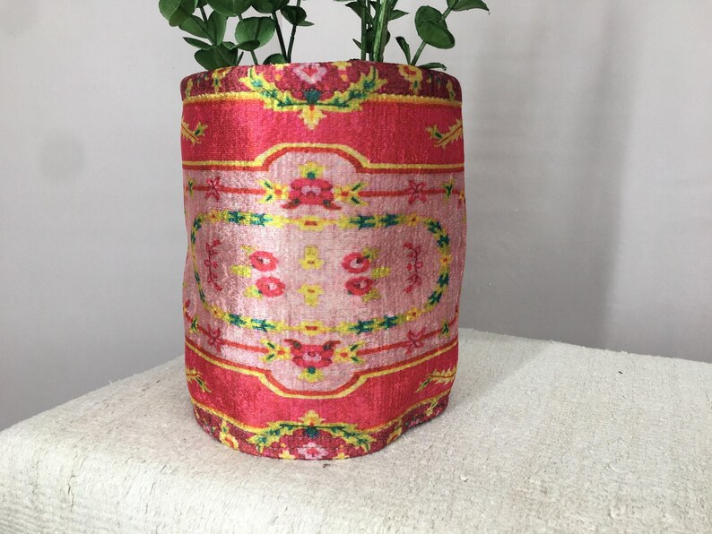 Hot Pink Floral Border Fabric Pot | Boho Desk Organizer Basket Large 9x9x9''