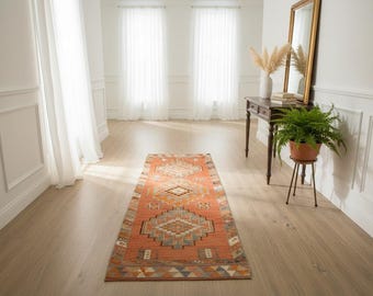 sun faded rug, handmade wool rug, stair rug, moroccan rug, herki turkish rug, guest runner, vintage rug, 3.4 x 11.2 ft, soft rug, DC 7301