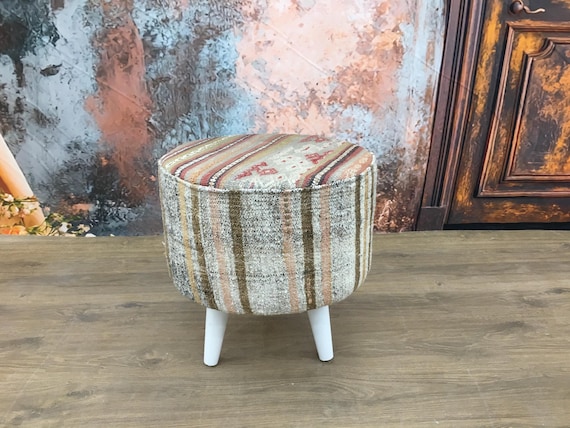 neutral kilim bench, footstool bench, round footstool, footrest bench, kilim chair, upholstered stool, decorative stool, DCFV 13