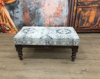 Vintage style bench, Pastel color bench, Hand carved stool, Cozy indoor furniture, Authentic bench, Primitive bench, Glamory footstool