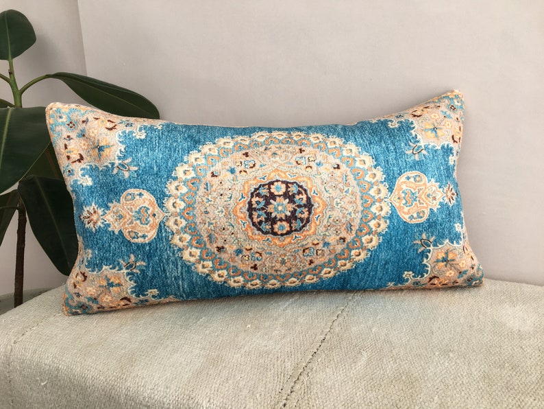Bohemian pillow, Blue lumbar pillow, Oriental pillow, Vernal pillow cover, Cool pillow, Floor cushion, Sofa pillow, Soft pillow,