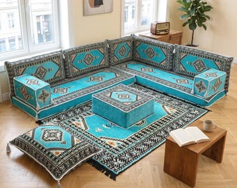Turquoise Blue Arabic Floor Seating Set | Geometric Pattern Majlis Couch