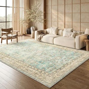 May include: A rectangular area rug featuring a distressed, faded pattern in shades of light blue, cream, and beige. The rug has a wide, ornate border with intricate floral and vine motifs, centered on a wooden floor in a living room setting.