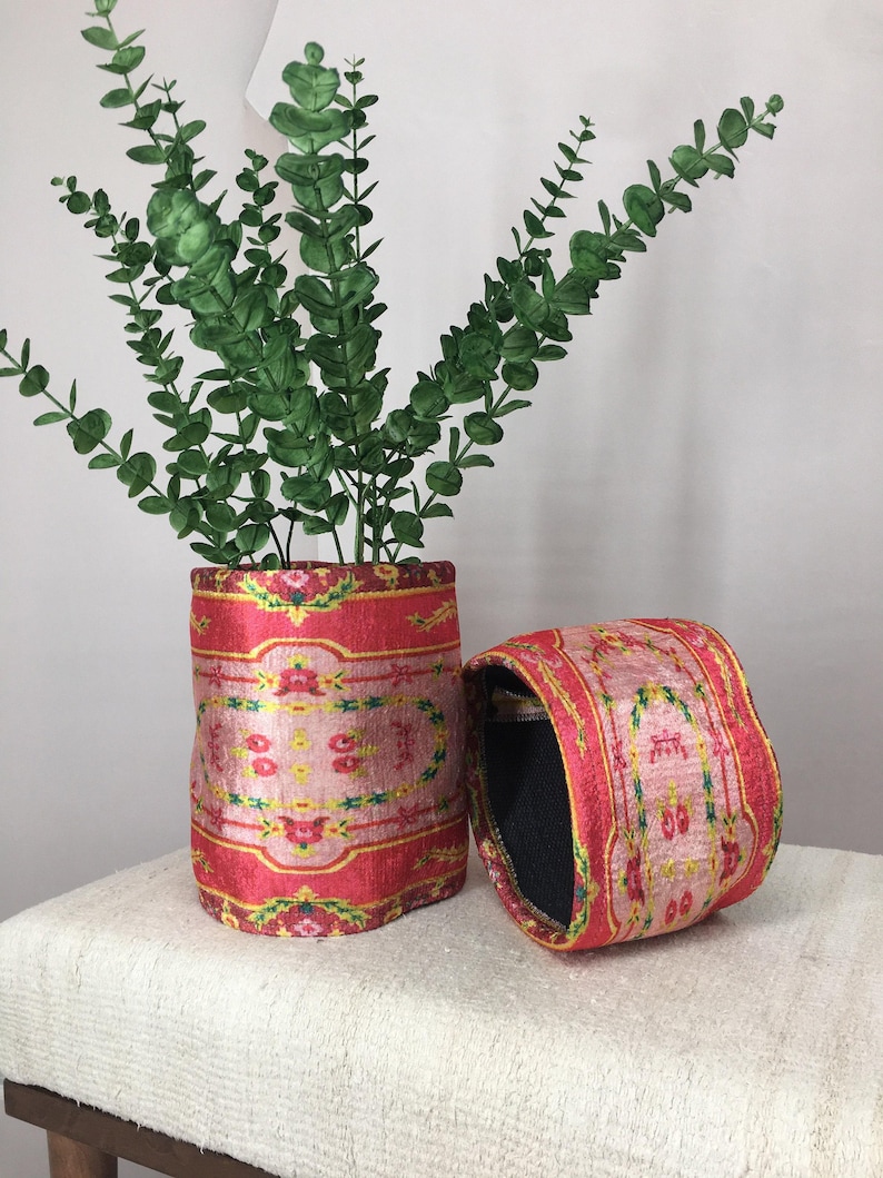Hot Pink Floral Border Fabric Pot | Boho Desk Organizer Basket image 13