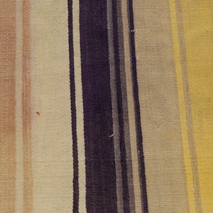May include: Close-up of a woven textile with vertical stripes. The stripes alternate in color, including shades of beige, brown, gray, navy blue, and yellow. The texture appears slightly rough, suggesting a natural fiber material.