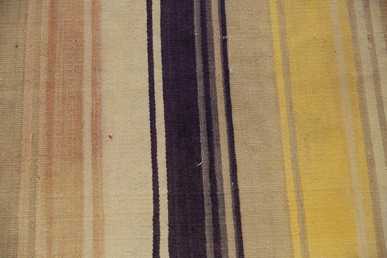 May include: Close-up of a woven textile with vertical stripes. The stripes alternate in color, including shades of beige, brown, gray, navy blue, and yellow. The texture appears slightly rough, suggesting a natural fiber material.