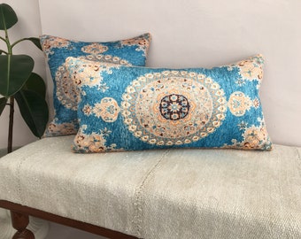 Bohemian pillow, Blue lumbar pillow, Oriental pillow, Vernal pillow cover, Cool pillow, Floor cushion, Sofa pillow, Soft pillow, DCP 845