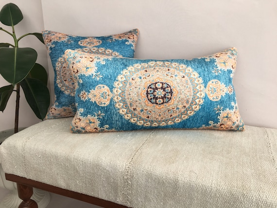 Bohemian pillow, Blue lumbar pillow, Oriental pillow, Vernal pillow cover, Cool pillow, Floor cushion, Sofa pillow, Soft pillow, DCP 845