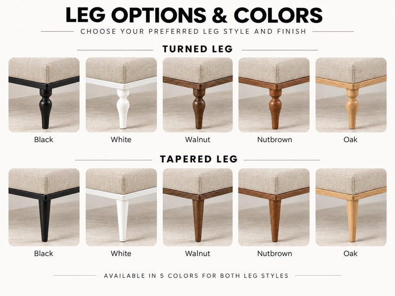 a selection of different leg styles and colors available for purchase, with options for both black and white legs and taper legs in various wood tones.