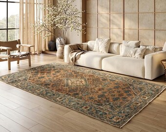 タン色のトルコ絨毯、ターコイズボーダーダイヤモンドヴィンテージ風