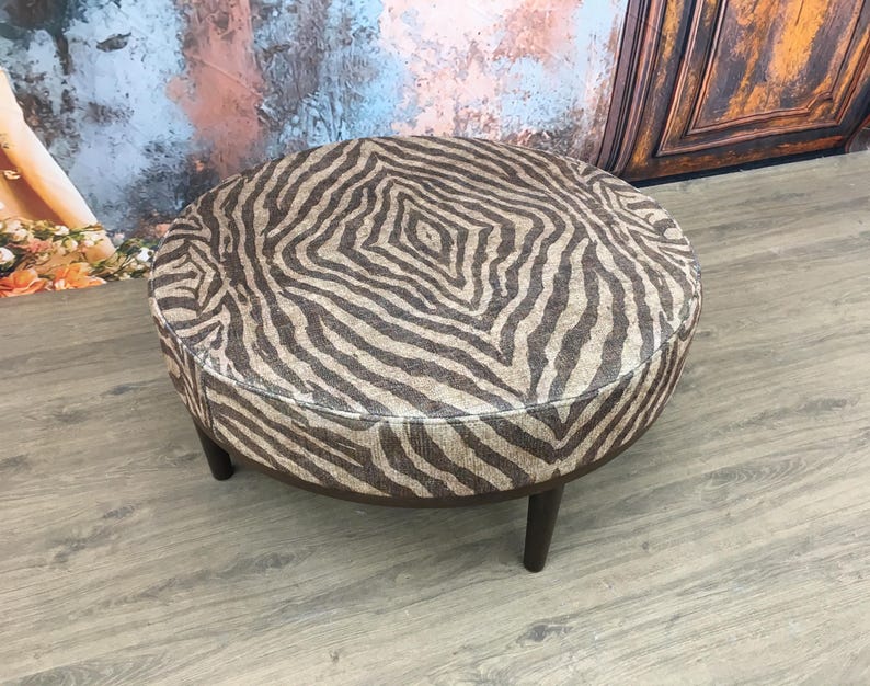 Modern mid table, Round floor table, Ottoman coffee table, Brown zebra bench, Handmade furniture, Stylish saloon decor, Chic table, DCY 765