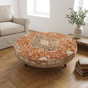 Rust Floral Coffee Table | Big Round Printed Fabric Center Ottoman