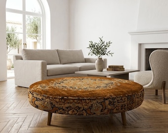 Cinnamon Brown Floral Medallion Pouf | Traditional Printed Round Coffee Table