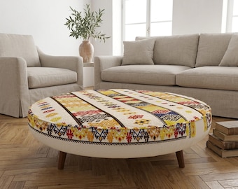 Colorful Round Kilim Coffee Table | Ethnic Circular Wood Padded Decor