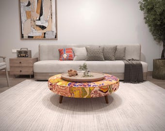 Pet Friendly Round Ottoman, Kilim Upholstered Coffee Table, Boho Bench