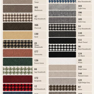 May include: A fabric swatch chart titled Linen Fabric Options displaying various upholstery textures and patterns including solid colours like taupe, mushroom, charcoal, sand, terracotta, forest green, burgundy, denim blue, white, and houndstooth prints.