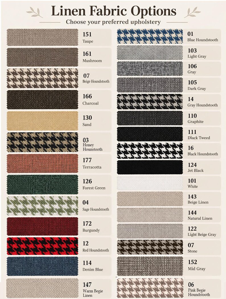 May include: A fabric swatch chart titled Linen Fabric Options displaying various upholstery textures and patterns including solid colours like taupe, mushroom, charcoal, sand, terracotta, forest green, burgundy, denim blue, white, and houndstooth prints.