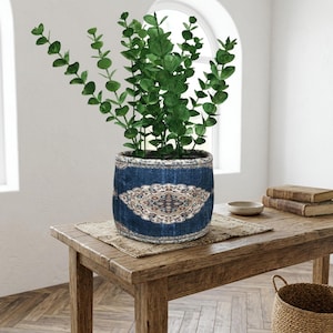 Pode incluir: Uma planta verde num vaso decorativo azul com um desenho estampado. O vaso está numa mesa de madeira com um tapete tecido. Uma tigela pequena e livros também estão na mesa.