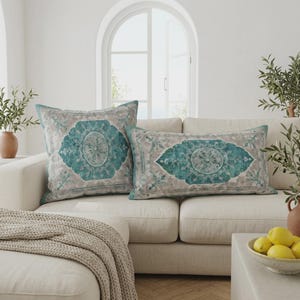 Teal Distressed Medallion Pillow Cover | Vintage Farmhouse Lumbar Cushion Set