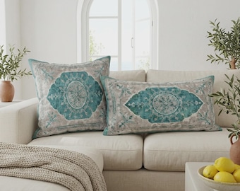 Teal Distressed Medallion Pillow Cover | Vintage Farmhouse Lumbar Cushion Set