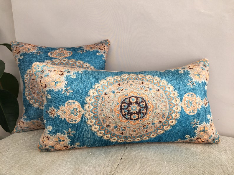 Bohemian pillow, Blue lumbar pillow, Oriental pillow, Vernal pillow cover, Cool pillow, Floor cushion, Sofa pillow, Soft pillow,