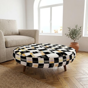 Large Artisan Checkered Round Ottoman | Upholstered Abstract Cocktail Table