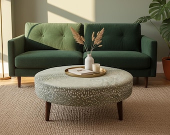 Round coffee table, Neutral ottoman bench, Unique antelope design pouf, Aesthetic furniture, Soft textured bench, Luxury mid table, DCY 334