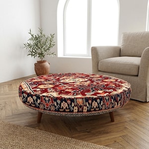 Red Oriental Round Coffee Table | Large Upholstered Tribal Lounge Ottoman