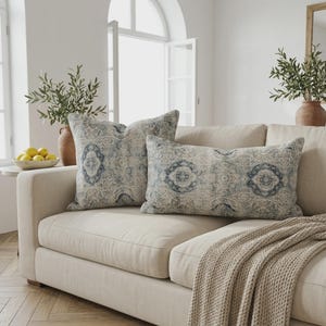 Faded Blue Medallion Pillow Cover | Rustic Farmhouse Lumbar Cushion DCP 08