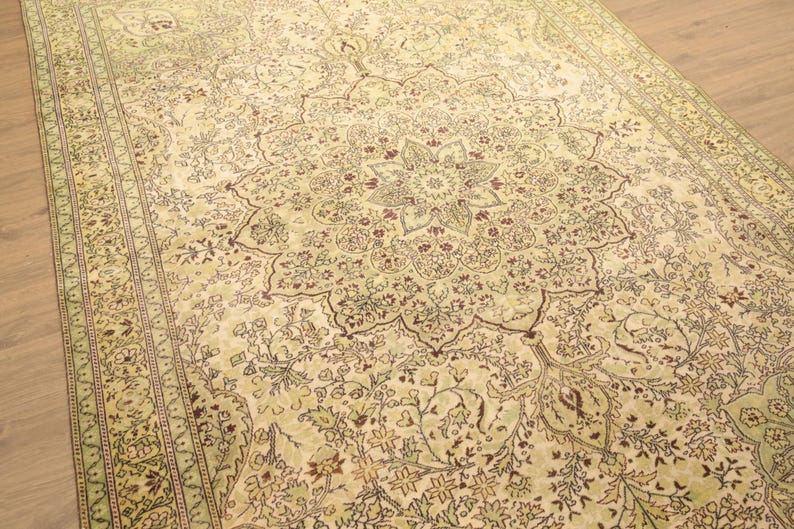 genuine wool rug, sage green rug, oriental rug, saloon rug, turkish handmade rug, wedding rug, 6.6x9.7 ft, vintage rug, large rug, DC 6816