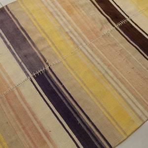 May include: A rectangular rug with a patchwork design. The rug features alternating stripes of yellow, beige, brown, and purple. The stripes run diagonally across the rug. The rug is made of a woven material.