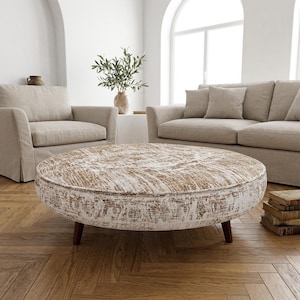 Round Upholstered Coffee Table | Distressed Vintage Style Bohemian Accent Ottoman