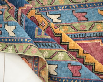 bohemian wool rug, figurative rug, oushak wool rug, sustainable rug, retro rug, vintage turkish rug, 3.6 x 6.4 ft, multicolor rug, DC 1981