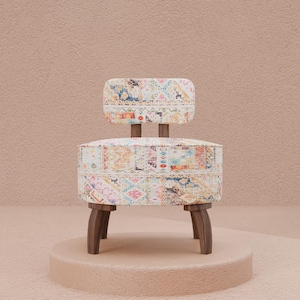 Round upholstered armchair, Handcrafted chair, Bohemian armchair, Modern accent chair, luxury home chair, Patterned fabric seating, DCP 4217